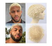 Mens Toupee Afro Kinky Curly Hair Toupee for Black Men 8"x10" Full Lace Base Human Hair System #613 Blonde 6mm Curly Mens Toupee 6 Inch Replacement Hairpiece Toupee for Men