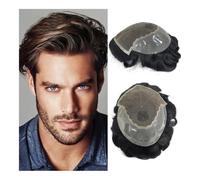 Mens Toupee Men's Wigs Wave Prosthesis Swiss Lace and Pu Base Male Wig Hair Replacement System 6" Bleached Knots Hairline Hairpieces Wigs(Off Black,6x8)