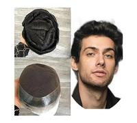 Men's Toupee Real Human Hair Men Replacement Hairpieces French Lace Center PU Around Male Prothesis Natural Wave Unit(1B#-120%,7x10)