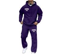 Mens Track Suit 2 Piece Set Contrast String Fleece Tracksuit Hoodie Top Bottoms Joggers Gym Set Draw Code Tracksuit Workout Sets Casual Sport Suit Holiday Clothing (Dark Purple, L)