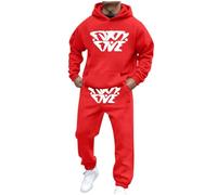 Mens Track Suit 2 Piece Set Sportswear Hooded Long Sleeve Pocket Hoodie+Loose Jogging Pants Hooded Sweatshirt Topwear Muscle Suits Casual Sport Suit Holiday Clothes (Red, L)