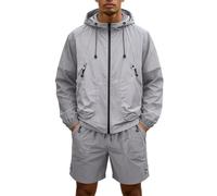 Mens Tracksuit 2 Piece Rain Jacket Cargo Shorts Set Waterproof Windbreaker | Waterproof Zip Up Windbreaker Jacket, Matching Shorts Set, Lightweight Outdoor Wear, Hooded Design, Casual Sports Outfit