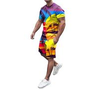 Men's Tracksuit Hawaii Sports Suit Short Trousers Set 2 Piece Outfit T-Shirt with Tropical Print + Shorts Suit Running Suit Lightweight and Quick-Drying Beach Shorts Short Sleeve Suit, orange, XXL