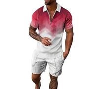 Men's Tracksuit Set 2-Piece Suit Trousers Polo Shirt Button Short Sleeve Beach Joggers Gym Top Casual Running Sports Sweat Two Piece Summer Men Suitable for Summer, Watermelon Red-6, 3XL