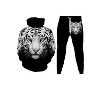 Mens Tracksuit Set 3D Tiger Printed Hoodie and Sweatpant Set Street Fashion Hoody Sweatshirt Pants 2-Piece Set Men's Jogging Suit (Black-2,M)