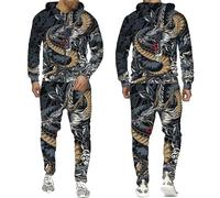 Men's Tracksuit Set Dragon 3D Printed Full Zip Hoodies and Jogger Pants Suit Two Piece Set Hip Hop Casual Hooded Sweatshirt Set