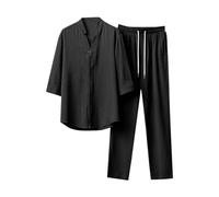 Mens Tracksuit Set UK Sale Clearance Plain Cotton Linen Shirts and Lounge Pants Set Casual Half Sleeve Henley V Neck Shirt & Straight Leg Trousers Summer 2 Piece Outfits Lounge Wear