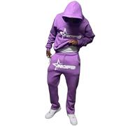 Men's Tracksuit Y2K Hoodie & Jogging Bottoms Set Long Sleeve Sportsuit Baggy Sweatshirt Tops 2 Piece Outfits Casual Sweat Suit Slim Fit Warm Up Two-Piece Set Halloween Clothes(Purple, S)