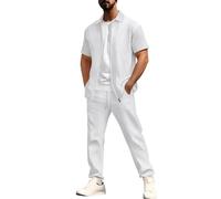 Men'S Tracksuits 2 Pieces Waffle Soft Suit Set Short Sleeve Zip Workout Top & Trouser Set Joggers Gym Top Casual Running Sport Sweat Activewear Jacket Suit Business Outfits