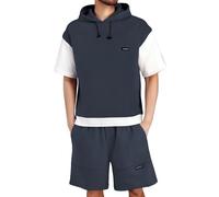 Men'S Tracksuits Full Set Short Sleeve Hooded 2 Piece Summer Outfits Suit Waffle Texture Pullover Tracksuit Set Hoodie Joggers Sets Contrast Color Patchwork Sport Sets Plus Size M-8Xl