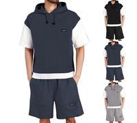 Men'S Tracksuits Full Set Short Sleeve Hooded 2 Piece Summer Outfits Suit Waffle Texture Pullover Tracksuit Set Hoodie Joggers Sets Contrast Color Patchwork Sport Sets Plus Size M-8Xl