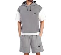 Men'S Tracksuits Full Set Short Sleeve Hooded 2 Piece Summer Outfits Suit Waffle Texture Pullover Tracksuit Set Hoodie Joggers Sets Contrast Color Patchwork Sport Sets Plus Size M-8Xl