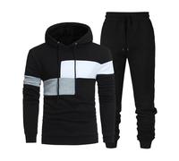 Mens Tracksuits - Men Velvet Patchwork Hooded Sweatshirt Black Sweatpants Casual Loose Business Trend Two Piece Set