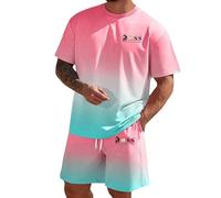 Men's Tracksuits Summer Beach Tracksuits Short Sleeve Crewneck Summer T Shirt and Drawstring Shorts Casual Track Suit Set 2 Piece Leisure Suit Loungewear Outfit Jogger Tracksuit (#001 Pink,XXL)