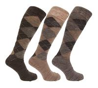 Universal Textiles Mens Traditional Argyle Pattern Long Length Lambs Wool Blend Socks (Pack Of 3) Shades of Brown UK Shoe 6-11, EUR 39-45