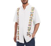 Men's Traditional Mexican Guayabera Shirt Short Sleeve Button Down Embroidered Shirt for Cinco De Mayo Shirts, White, S