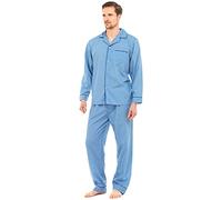 Mens Traditional Pyjamas 2 Piece Set Classic Style Plain Poly Cotton Pjs Nightwear Lounge Wear Sleepwear Suits Sleeping Suit Button Up Long Sleeve Shirt Tops Pants Trousers Bottoms(Blue, L)