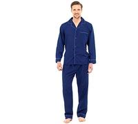 Mens Traditional Pyjamas 2 Piece Set Classic Style Plain Poly Cotton Pjs Nightwear Lounge Wear Sleepwear Suits Sleeping Suit Button Up Long Sleeve Shirt Tops Pants Trousers Bottoms(Navy, 2XL)