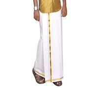 Men's Traditional White 100% Cotton Dhoti With Golden Border by eshop7, 195cm x 127cm, White With Golden Border