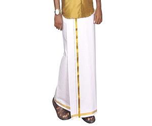 Men's Traditional White 100% Cotton Dhoti With Golden Border by eshop7, 195cm x 127cm, White With Golden Border