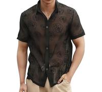 Men's Transparent Floral Lace Button Down Short Sleeve Shirt Undershirt Basic Long Sleeve Shirt Slim Fit Shirt Casual Shirt Men Lace Shirt Tops Sexy Mesh Top Clubwear in Black, black, XXL