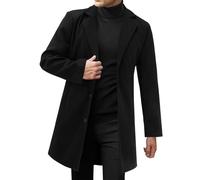 Mens Trench Coat Long Casual Single Brested Overcoat, Winter Notched Collar Wool Blend Coat with Pockets, Luxury Black Regular Fit Peacoat (Black, XL)