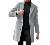 Mens Trench Coat Long Casual Single Brested Overcoat, Winter Notched Collar Wool Blend Coat with Pockets, Luxury Black Regular Fit Peacoat (Grey, XXXXXL)