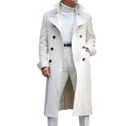 Men's Trench Coat Notched Lapel Double Breasted Wool Blend Pea Coats Fall Winter Warm Long Overcoat Outerwear, White, 3XL