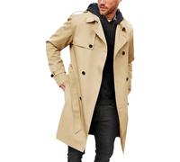 Men's Trench Coat Slim fit Double Breasted Long Jacket Notched Lapel Belt Fall Windproof Coat (khaki， XXL)