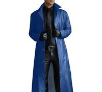 Men's Trench Coat, Solid Color Pu Leather Full Length Windbreaker Gothic Faux Leather Steampunk Overcoat Casual Outwear Lapel Windproof Motorcycle Button Up Long Trench Coat for Winter