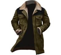 Mens Trench Coats 3/4 Length Fleece Lined Padded Winter Jacket For Men Large Size Lapel Collar Overcoat Vintage Washed Color Trench Coat Full Zip Up Overcoats With Multiple Pockets Green