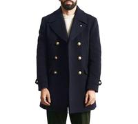 Men's Trench Wool Blend Coat Military Double-Breasted Warm Overcoat Jackets Winter Laple Solid Long Pea Coat with Pockets Navy