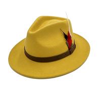 Mens Trilby Adjustable Band Feather Fedora Hat Womens Wool Cowboy Style Party Wear Hat Mustard