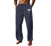 Mens Trousers Casual, Mens Linen Trousers Cotton Jogging Bottoms Coconut Tree Print Casual Summer Pants with Pockets Loose Fit Drawstring Trouser Comfortable Lightweight Pant Navy