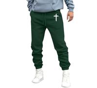 Mens Trousers Casual Smart Christian Cross Print Athletic Sweatpants Elasticated Waist Joggers Tracksuit Bottoms with Pockets, Green, L