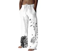 Men's Trousers Fashion Tree Bird Printed Casual Trousers Linen Trousers Straight Fabric Trousers Regular Fit with Drawstring Men Casual Beach Trousers Linen Trousers