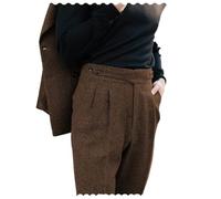 Men's Trousers High Waisted Pleated Front Tweed Naples Style Wool Pants (Brown, 32W x 32L)