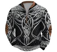 Men's Troyer Sweatshirt with Celtic Knot Pattern - Viking Style Pullover with Zip | Nordic Long Sleeve Shirt with Stand-Up Collar, Style P01 Black, M