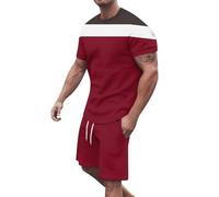 Mens Tshirt and Shorts Set 2 Piece Activewear Outfits Sets Contrast Colours Collarless Crew Neck Mech T Shirts Lightweight Breathable Summer Drawstring Shorts with Pockets Beach Sets Co Ord Set Red