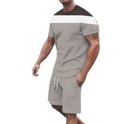 Mens Tshirt and Shorts Set 2 Piece Activewear Outfits Sets Contrast Colours Collarless Crew Neck Mech T Shirts Lightweight Breathable Summer Drawstring Shorts with Pockets Beach Sets Co Ord Set