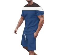 Mens Tshirt and Shorts Set 2 Piece Activewear Outfits Sets Contrast Colours Collarless Crew Neck Mech T Shirts Lightweight Breathable Summer Drawstring Shorts with Pockets Beach Sets Co Ord Set Blue