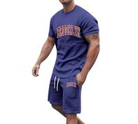 Mens Tshirt and Shorts Set 2 Piece Activewear Outfits Sets Solid Colour Collarless Crew Neck Printed T-Shirt Lightweight Breathable Summer Drawstring Shorts with Pockets Beach Sets Co Ord Set Navy