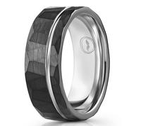 Men's Tungsten Carbide Wedding Band - Premium Grade Hammered Brushed Wedding Ring for Men (Black with Polished White Gold Strip) - With Silicone Band, Leather Pouch, & Luxury Walnut Box, 6.5 UK, Metal