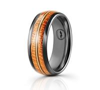 Men's Tungsten Carbide Wedding Band- Premium Grade Whiskey Barrel Wood with Guitar String Inlay Ring for Men(Black)-Includes Silicone Band, Leather Drawstring Pouch, & Luxury Walnut Box, Metal, No
