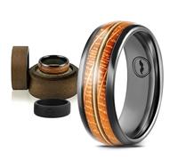 Men's Tungsten Carbide Wedding Band- Premium Grade Whiskey Barrel Wood with Guitar String Inlay Ring for Men(Black)-Includes Silicone Band, Leather Drawstring Pouch, & Luxury Walnut Box