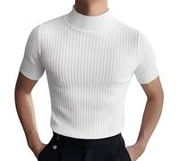 Mens Turtleneck Basic T-Shirt Slim Fit Summer Short Sleeve Casual Business Shirt Solid Color Base Layer Top Shirts(White,Medium)