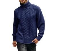 Men's Turtleneck Cable Knit Jumper - Long Sleeve Autumn & Winter Warm Pullover Thick Cable Knit Sweater, Slim Fit Winter Chunky Solid Color Knitwear (Blue,L)