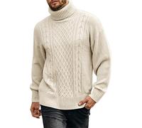 Men's Turtleneck Cable Knit Jumper - Long Sleeve Autumn & Winter Warm Pullover Thick Cable Knit Sweater, Slim Fit Winter Chunky Solid Color Knitwear (Beige,M)