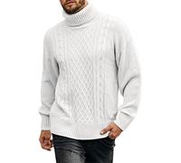 Men's Turtleneck Cable Knit Jumper - Long Sleeve Autumn & Winter Warm Pullover Thick Cable Knit Sweater, Slim Fit Winter Chunky Solid Color Knitwear (White,M)