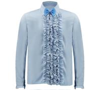 Mens Tuxedo Shirt 70s 80s Prom Dumb Ruffle Fancy Dress Bowtie Button Down Halloween Party Dumber Costume Blue L